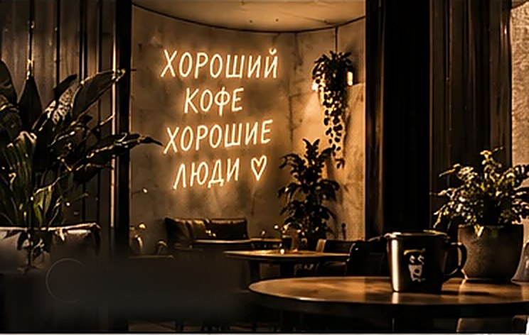 Неоновая надпись в зале кофейни