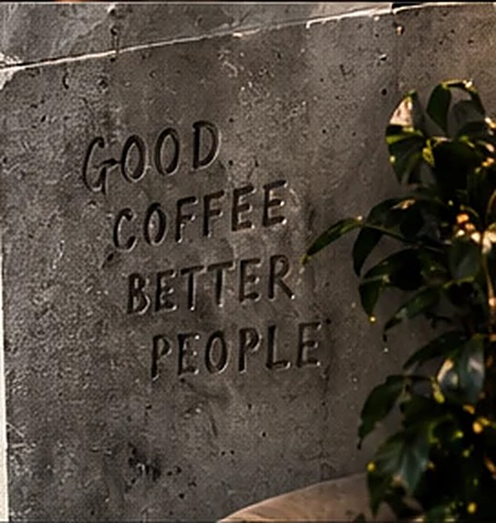 Бетонная стена с надписью Good coffee better people